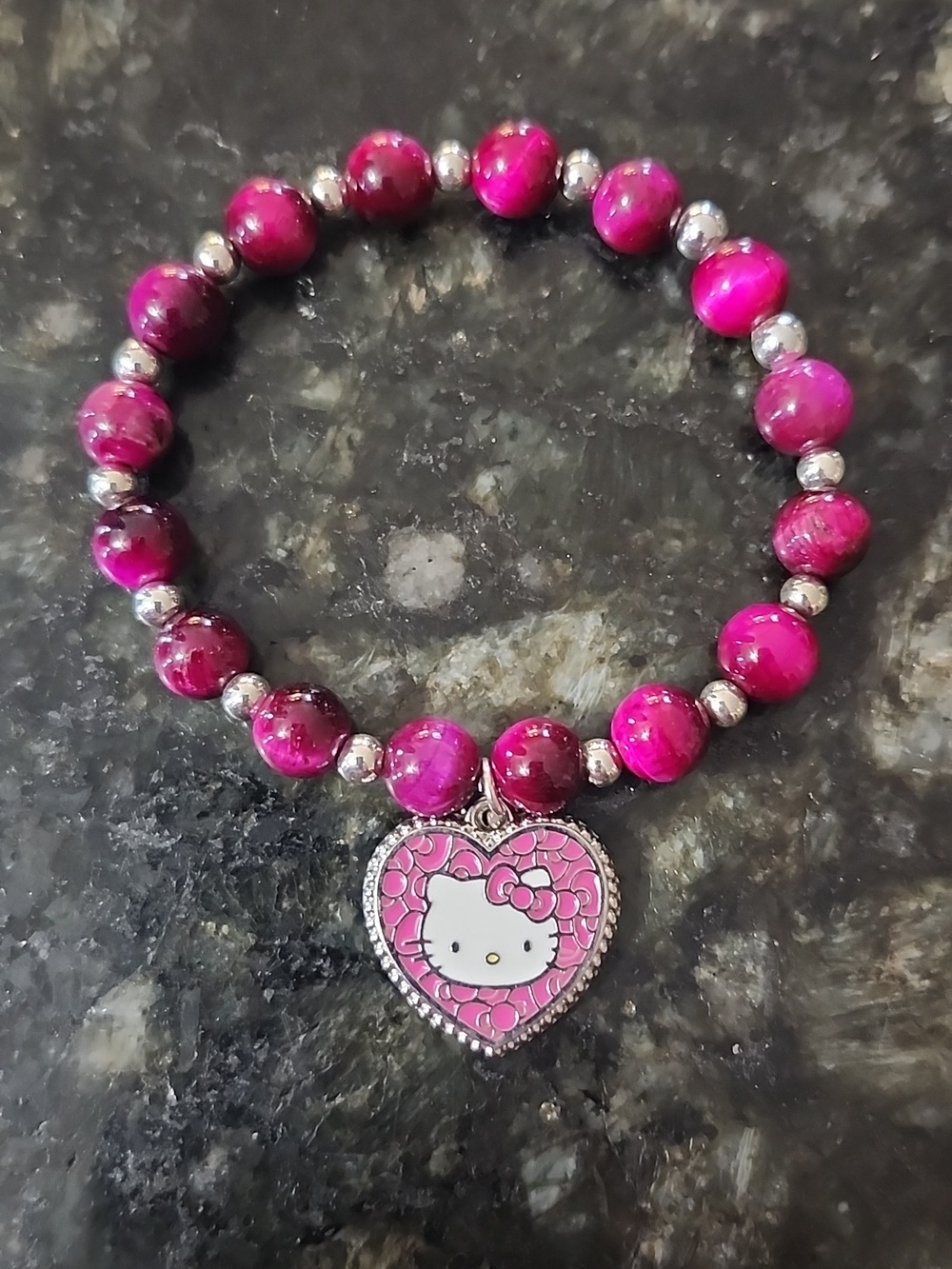 Handmade Hello Kitty Rose Red Tiger's Eye Beaded Bracelet with Heart Charm